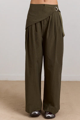 Damson Madder khaki green Fabia wide leg trouser sarong belt | Pipe and Row
