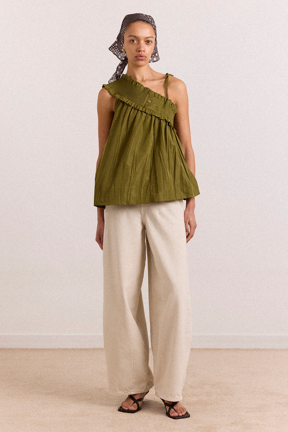 Damson Madder relaxed Erika barrel leg jean stone wash khaki pea print | Pipe and Row