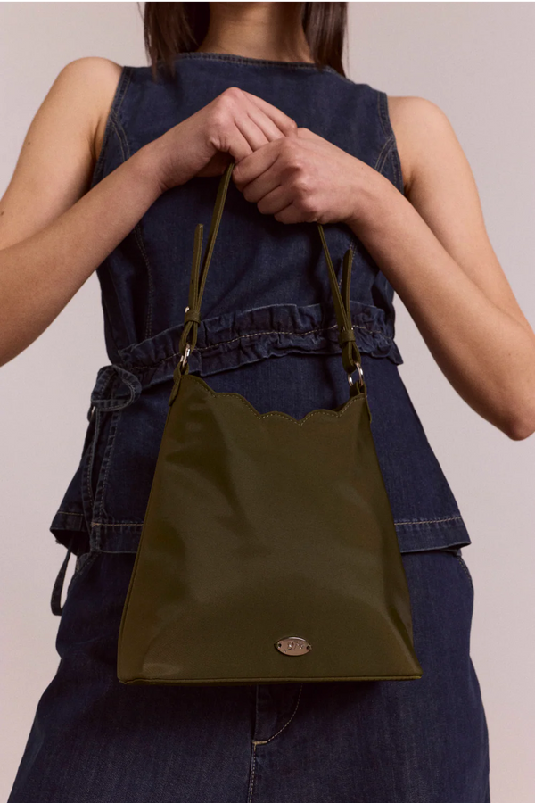 Damson Madder satin scalloped edge Lorelai handbag olive green