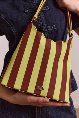Damson Madder scalloped Lorelai handbag chocolate avocado stripe | Pipe and ROw