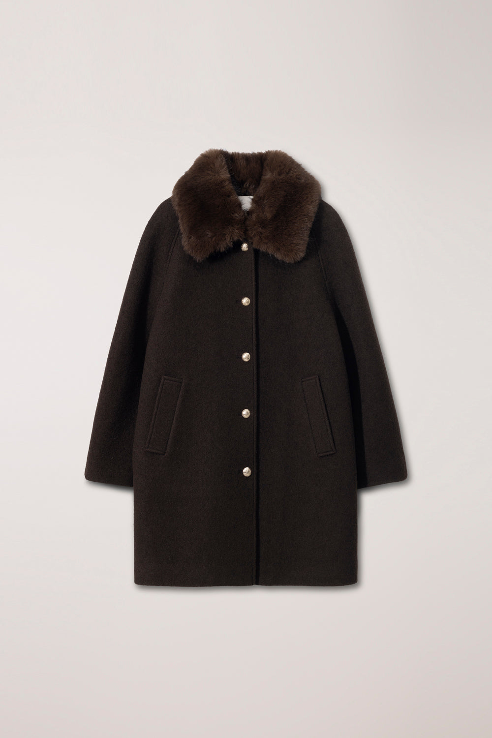 Dunst brown boucle wool half coat removable faux fur collar | Pipe and Row