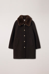 Dunst brown boucle wool half coat removable faux fur collar | Pipe and Row
