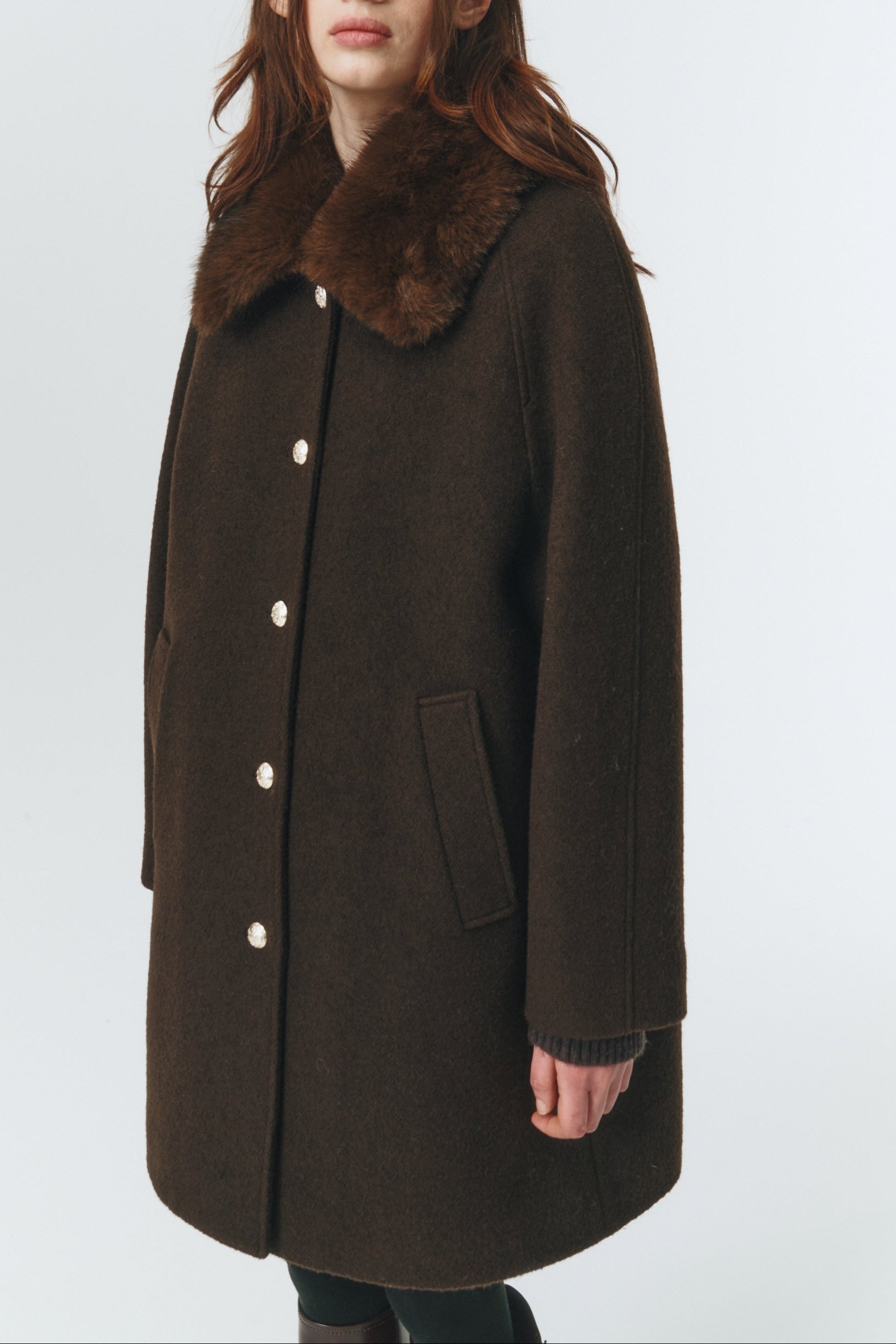 Dunst brown boucle wool half coat removable faux fur collar | Pipe and Row