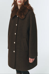 Dunst brown boucle wool half coat removable faux fur collar | Pipe and Row