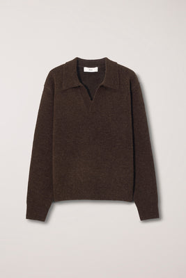 Dunst lightweight brushed alpaca wool unisex open collared v-neck knit sweater dark brown | Pipe and Row