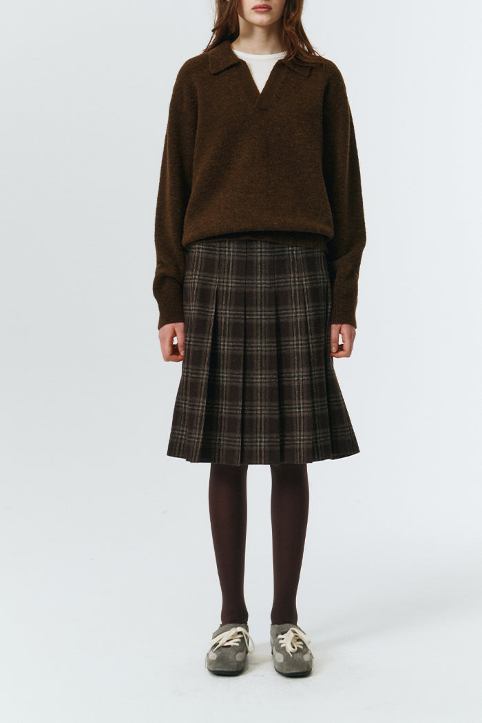 Dunst lightweight brushed alpaca wool unisex open collared v-neck knit sweater dark brown | Pipe and Row