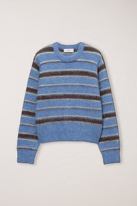 Dunst striped textured hairy crewneck sweater soft blue dark brown | Pipe and Row