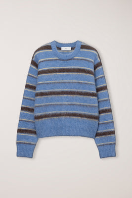 Dunst striped textured hairy crewneck sweater soft blue dark brown | Pipe and Row