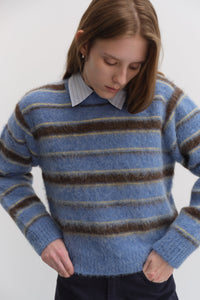 Dunst striped textured hairy crewneck sweater soft blue dark brown | Pipe and Row Seattle