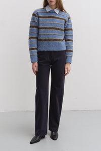 Dunst striped textured hairy crewneck sweater soft blue dark brown | Pipe and Row Seattle