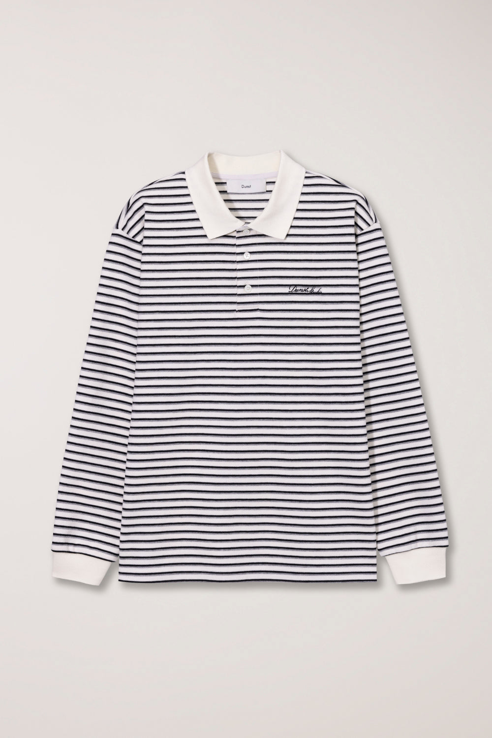 Dunst textured unisex collared long sleeve polo t-shirt black white multi stripe PIPE AND ROW