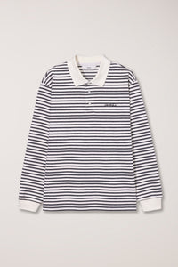 Dunst textured unisex collared long sleeve polo t-shirt black white multi stripe PIPE AND ROW