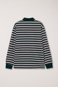 Dunst textured unisex collared long sleeve polo t-shirt dark green multi stripe PIPE AND ROW