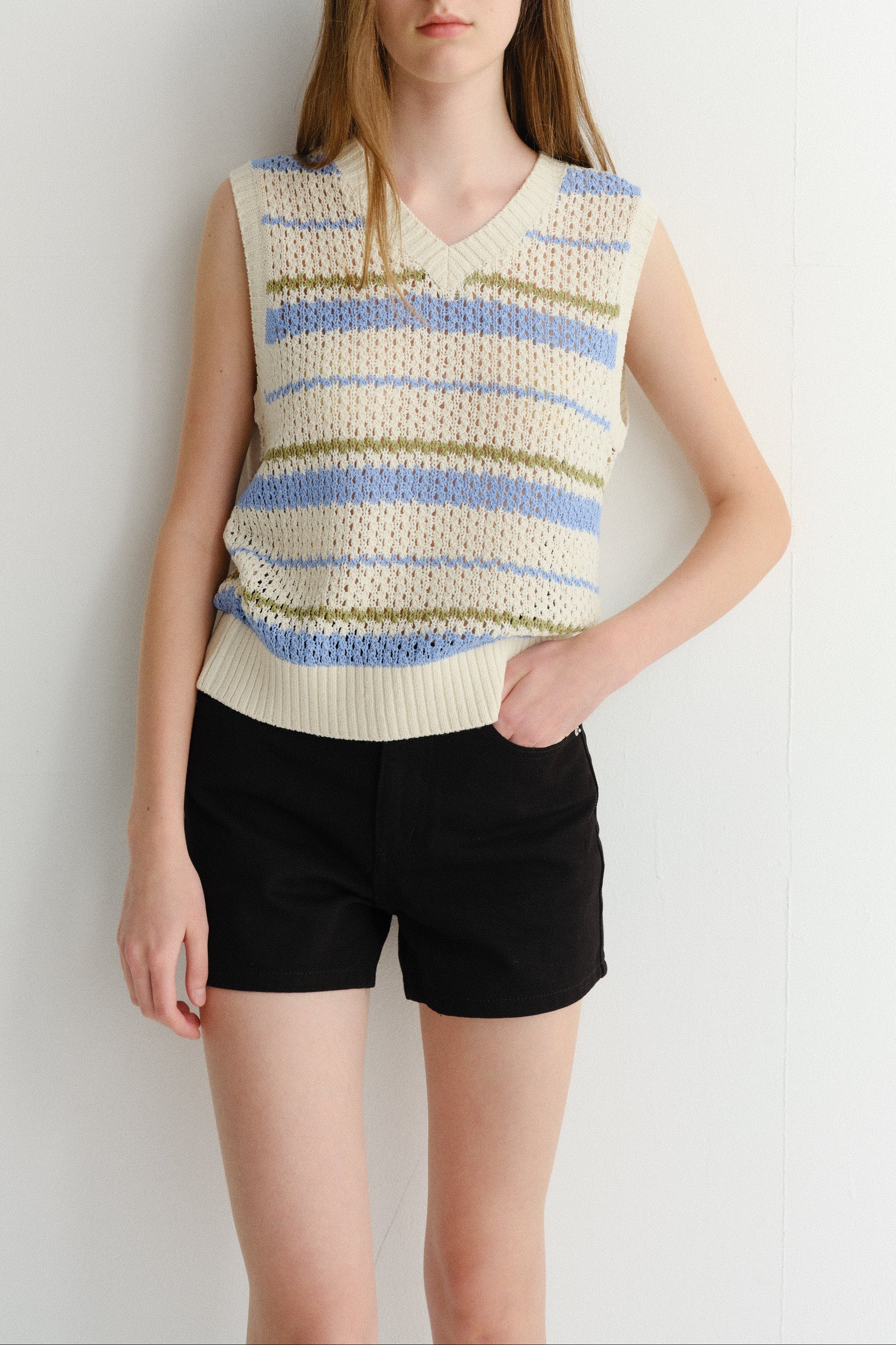 Dunst unisex chunky knit vest soft blue yellow stripe | Pipe and Row