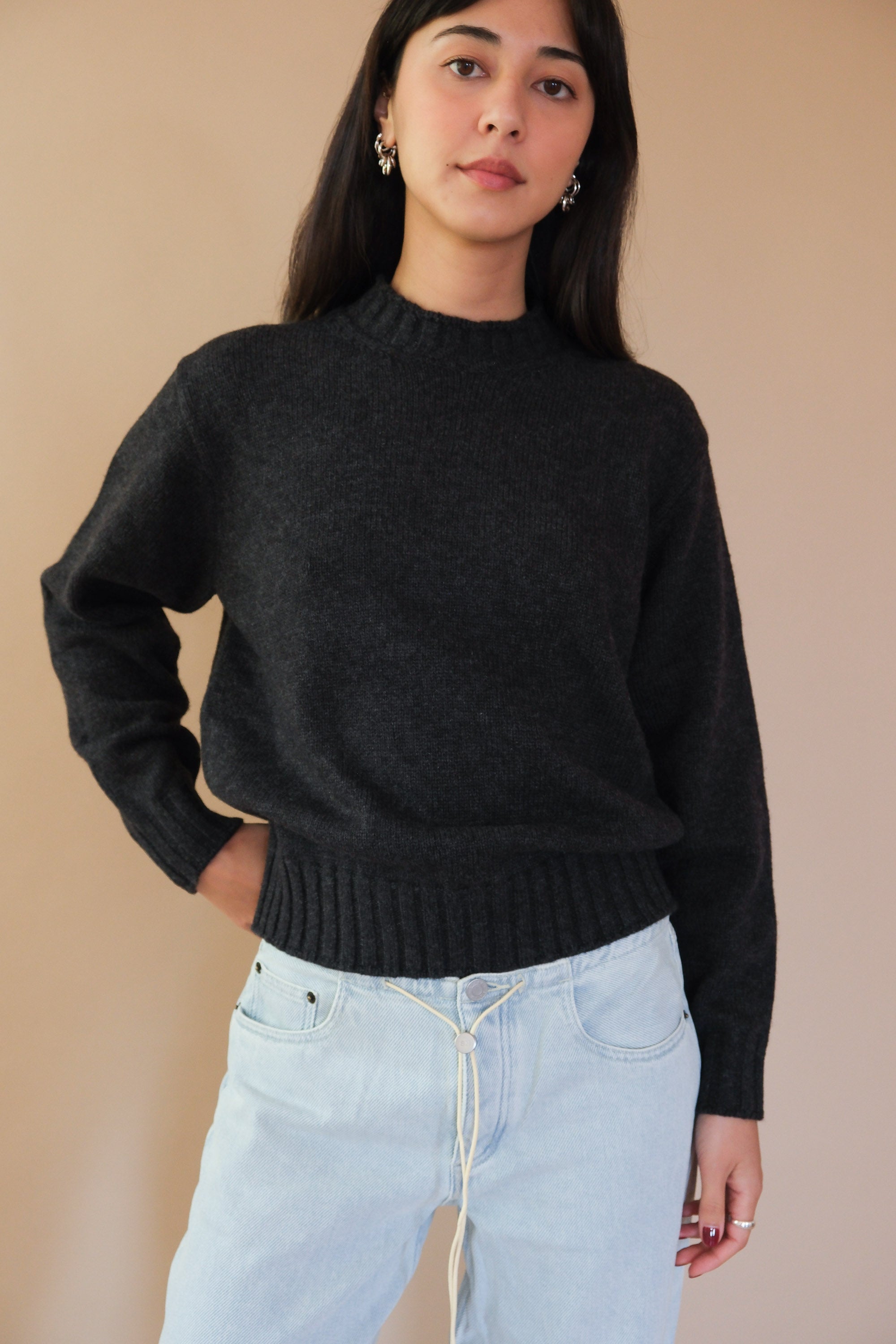 Dunst unisex chunky mock roll neck sweater charcoal grey wool  PIPE AND ROW