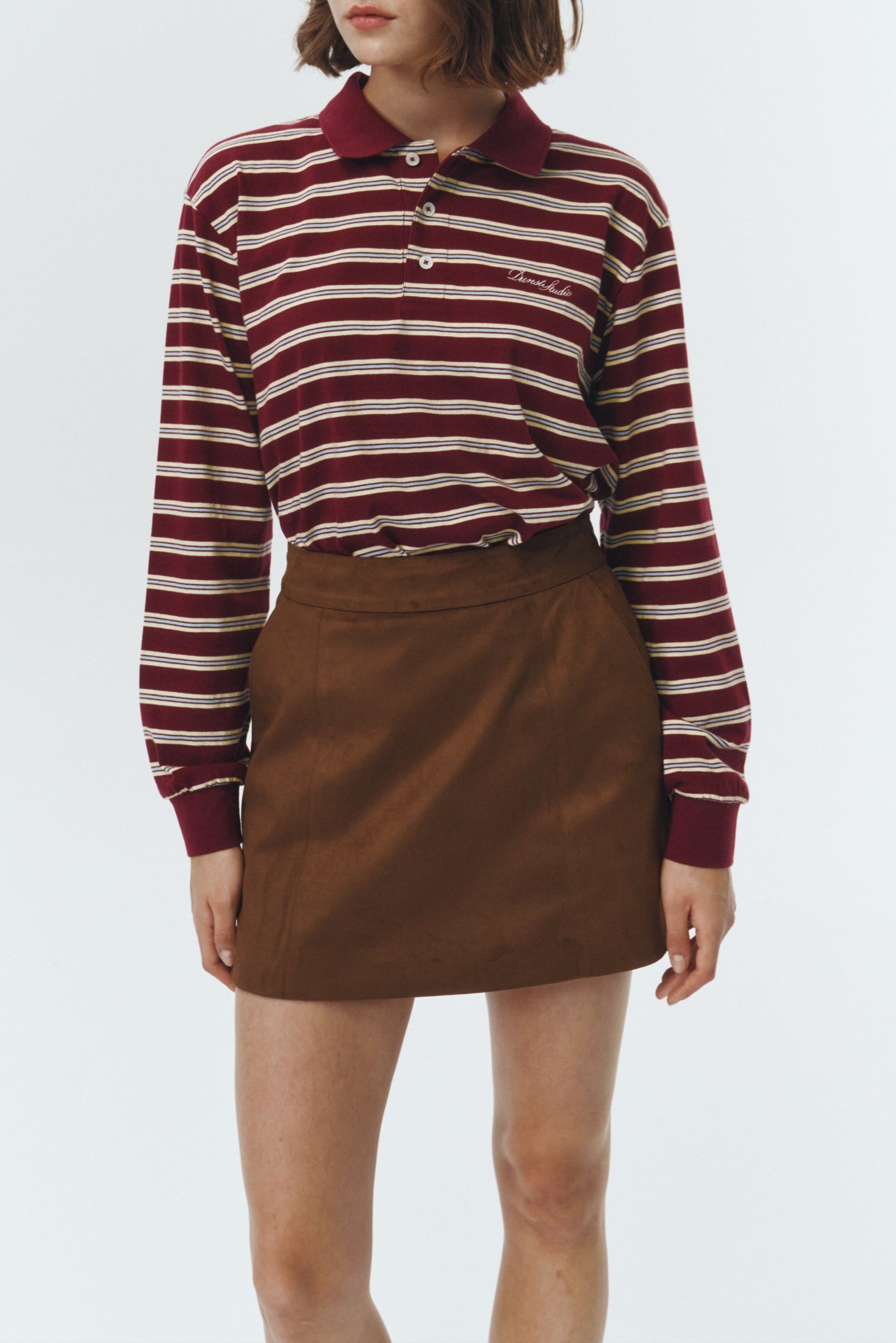 Dunst unisex collared long sleeve polo t-shirt red burgundy butter yellow blue stripe PIPE AND ROW