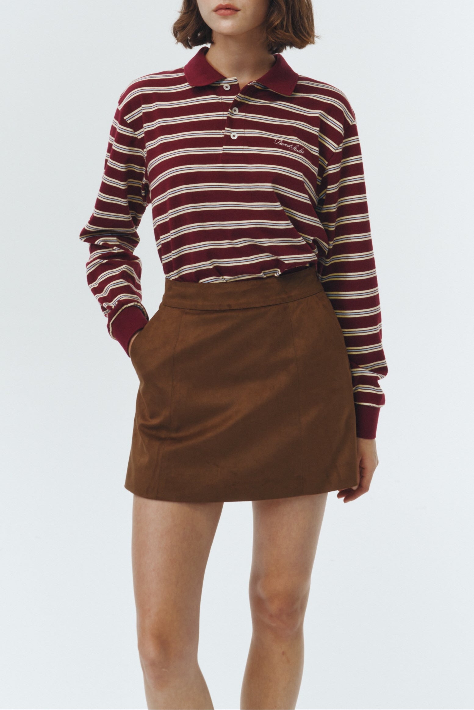 Dunst unisex collared long sleeve polo t-shirt red burgundy stripe PIPE AND ROW