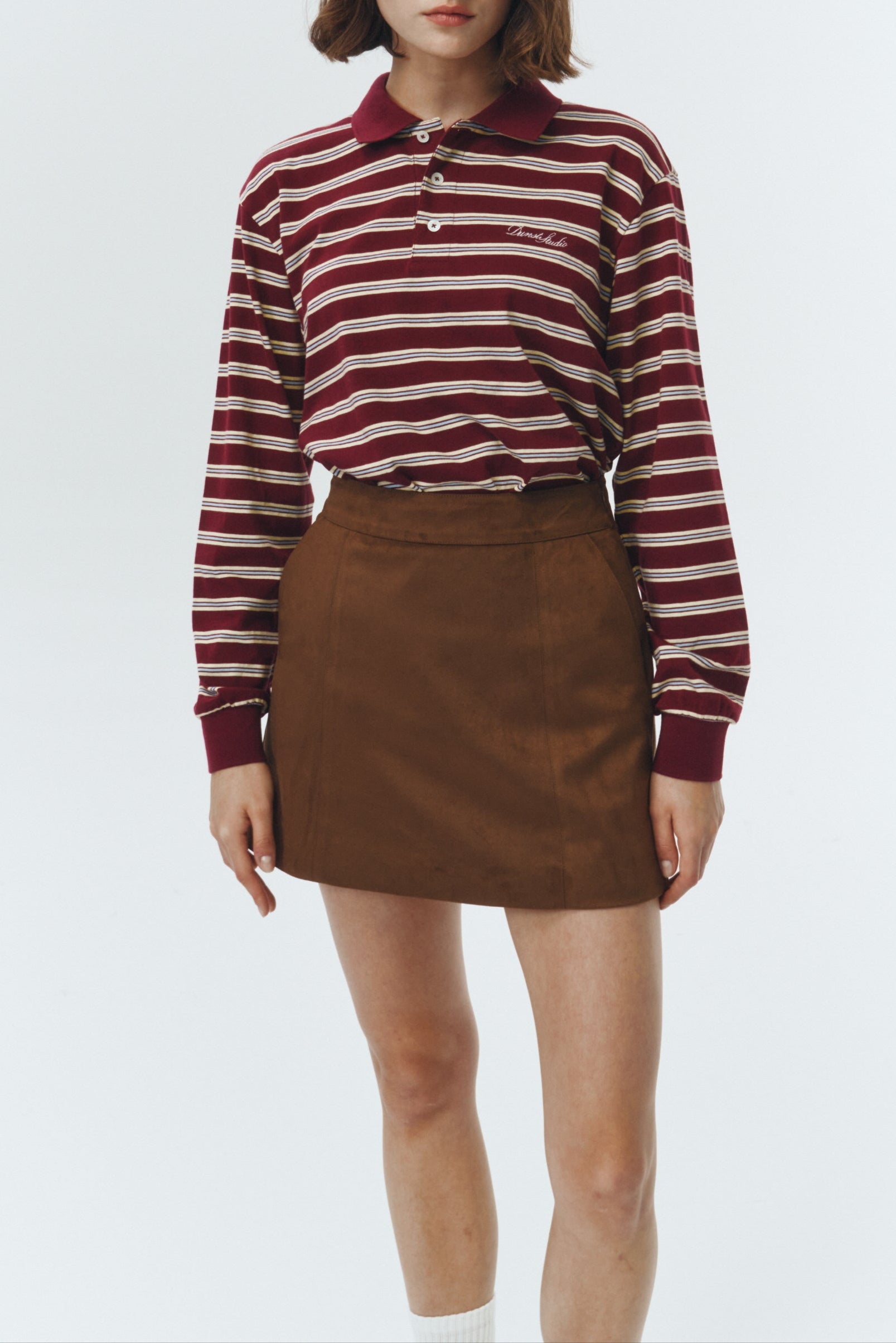 Dunst unisex collared long sleeve polo t-shirt red burgundy stripe PIPE AND ROW