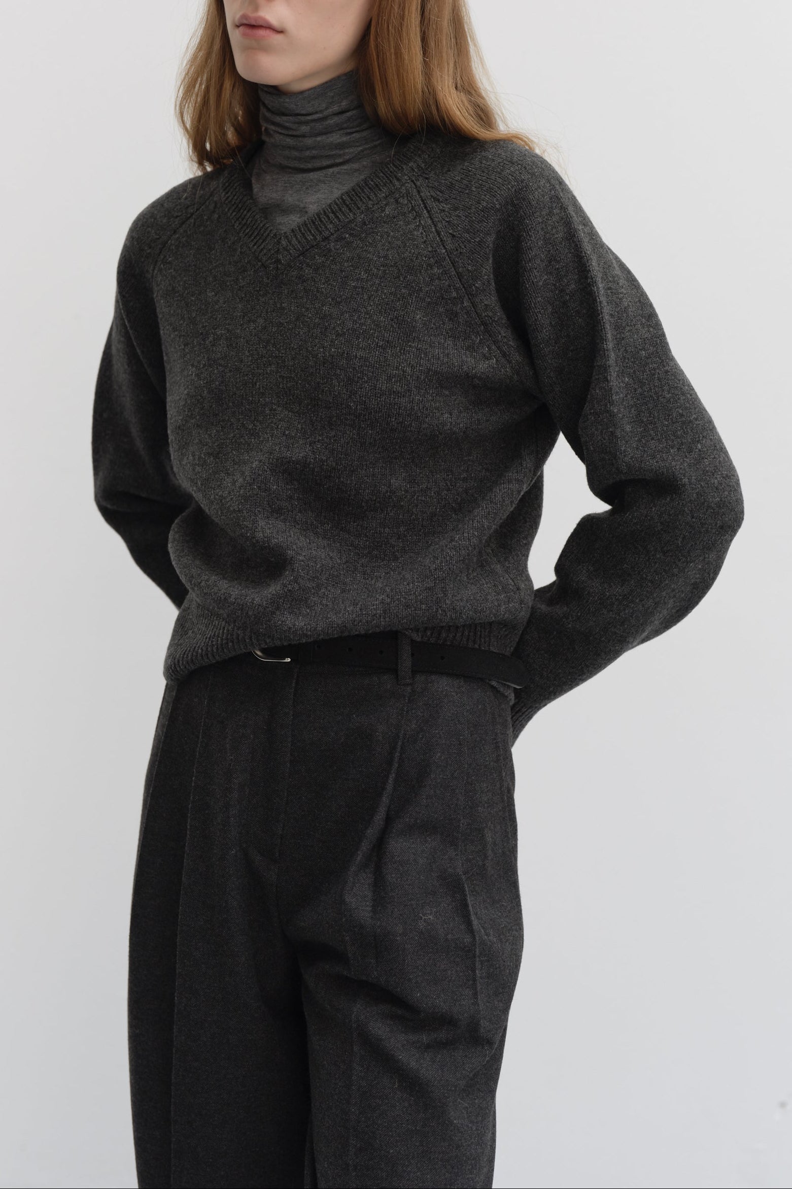 Dunst unisex soft volume v-neck sweater charcoal grey wool PIPE AND ROW