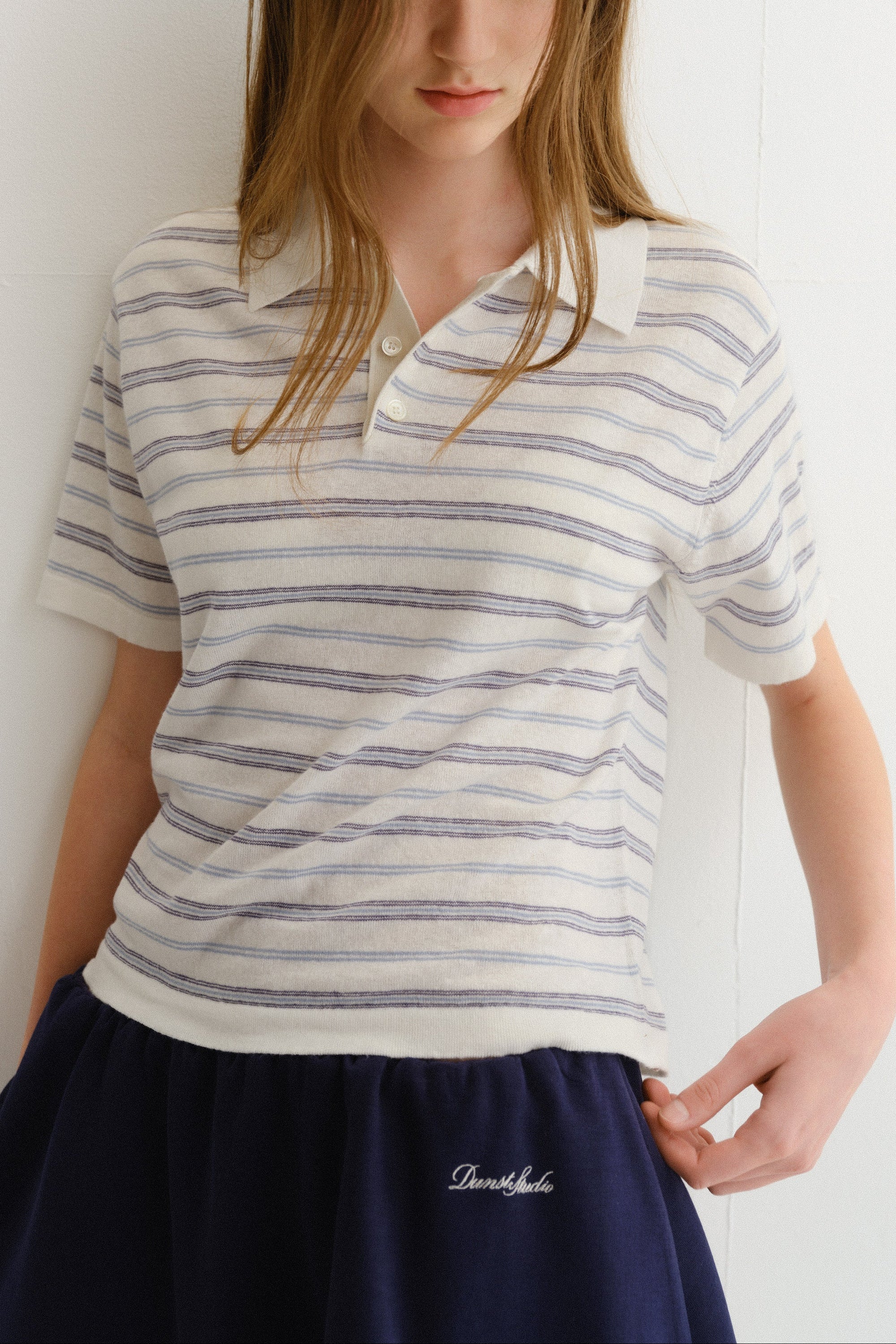 Dunst unisex striped knit linen polo shirt white soft blue | Pipe and Row