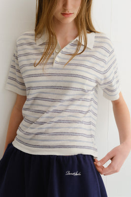 Dunst unisex striped knit linen polo shirt white soft blue | Pipe and Row