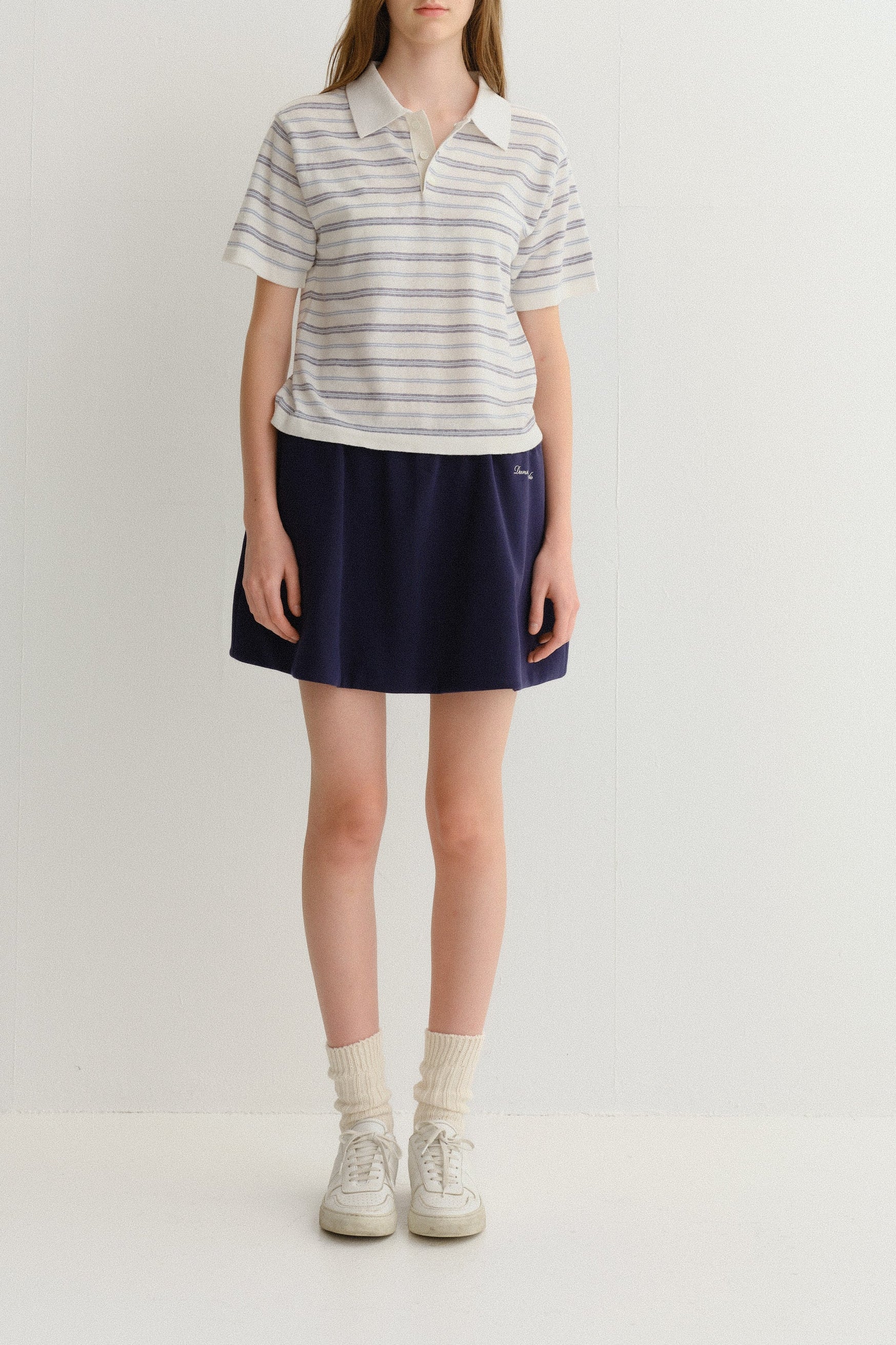 Dunst unisex striped knit linen polo shirt white soft blue | Pipe and Row