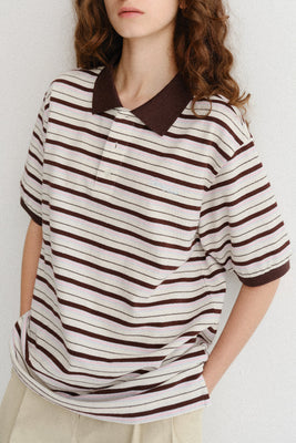 Dunst unisex striped polo shirt brown and pink stripe | Pipe and Row