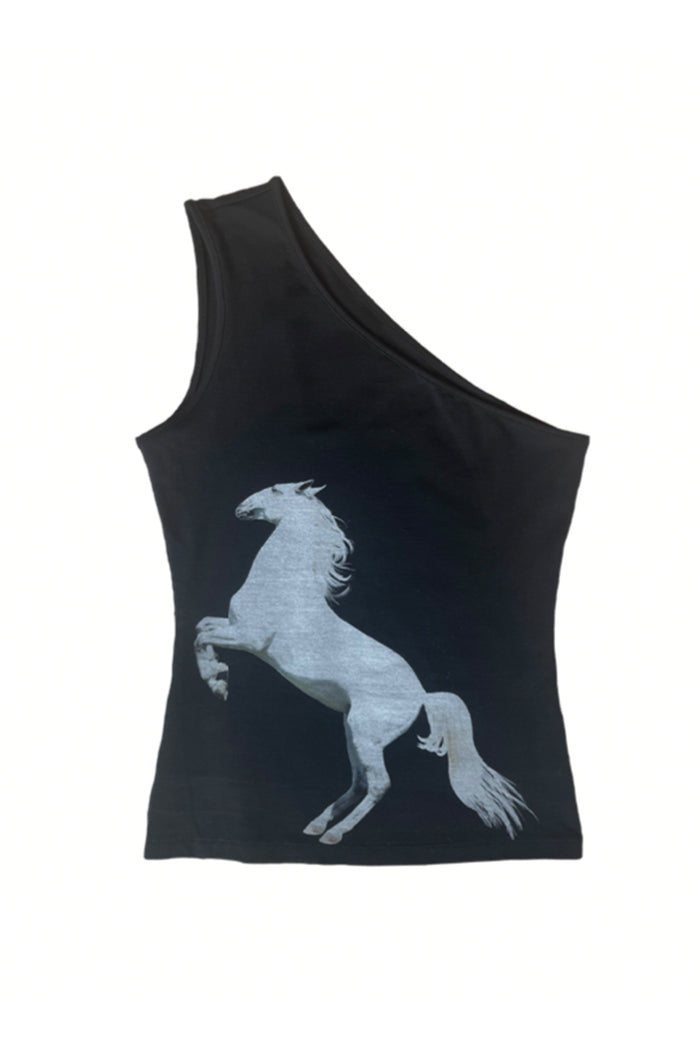 Tyler Mcgillivary black one shoulder equestrian white horse tank top | PIPE AND ROW