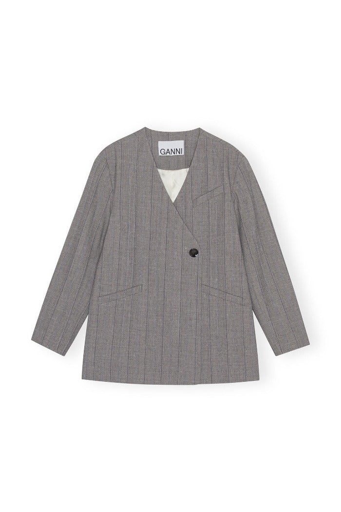 Ganni Herringbone suiting boxy blazer frost gray pattern | Pipe and Row