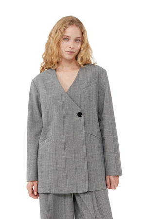 Ganni Herringbone suiting boxy blazer frost gray pattern | Pipe and Row