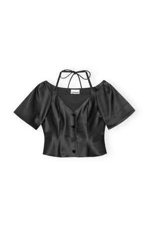 DOUBLE SATIN FITTED OPEN NECK BLOUSE