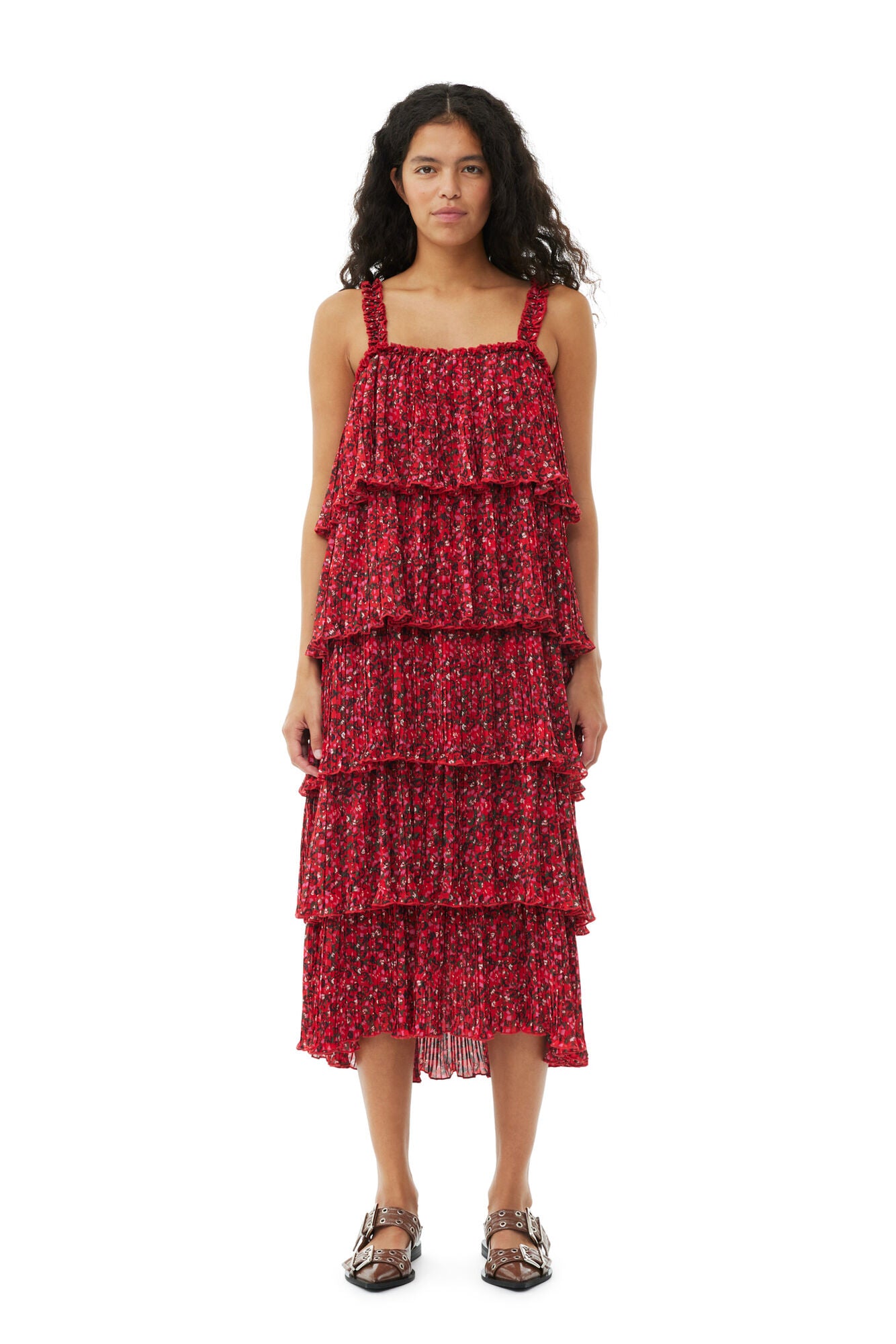 Ganni pleated georgette flounce midi dress racing red floral print PIPE AND ROW