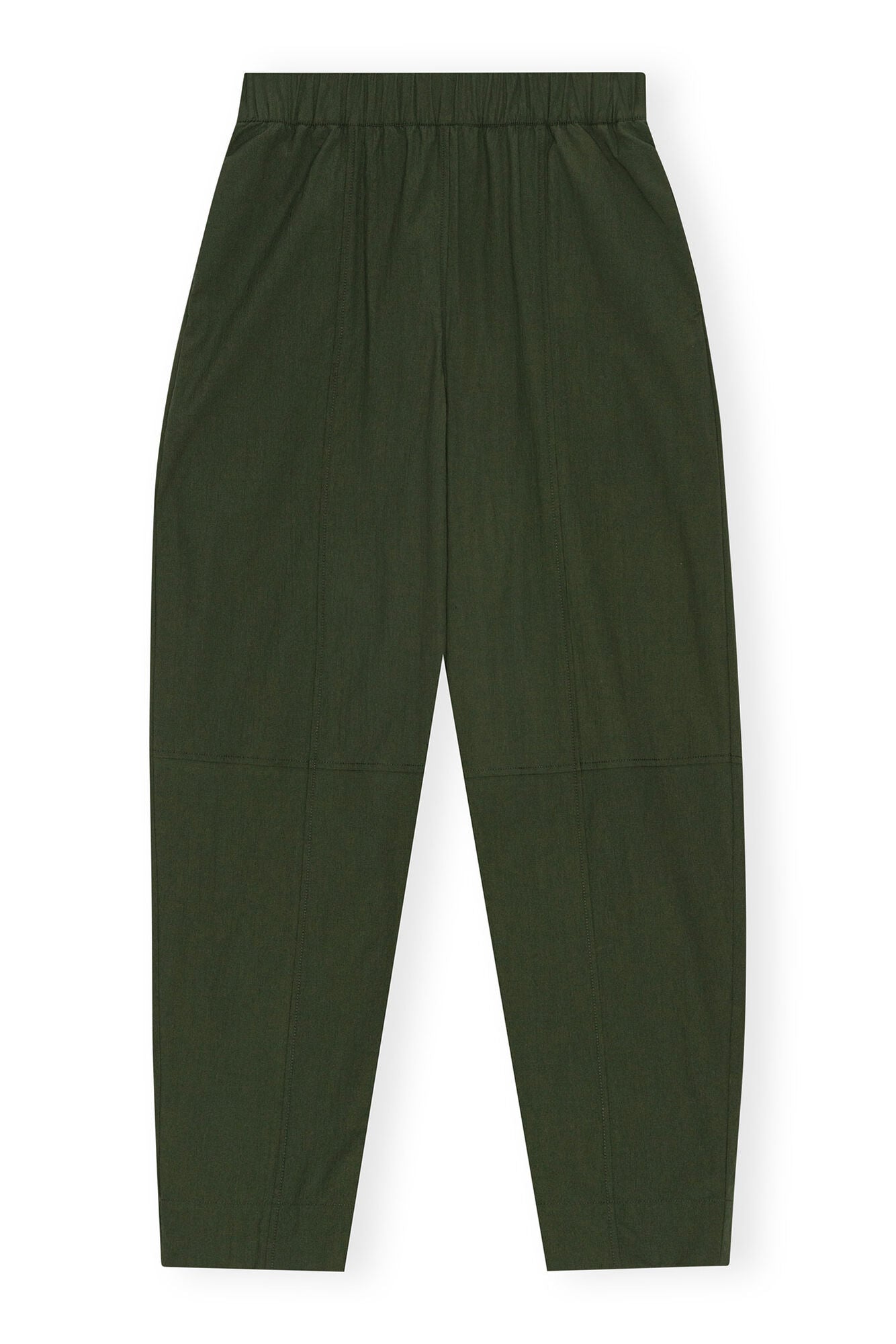 Ganni modern high-waisted trousers green cotton crepe curved-leg | Pipe and Row