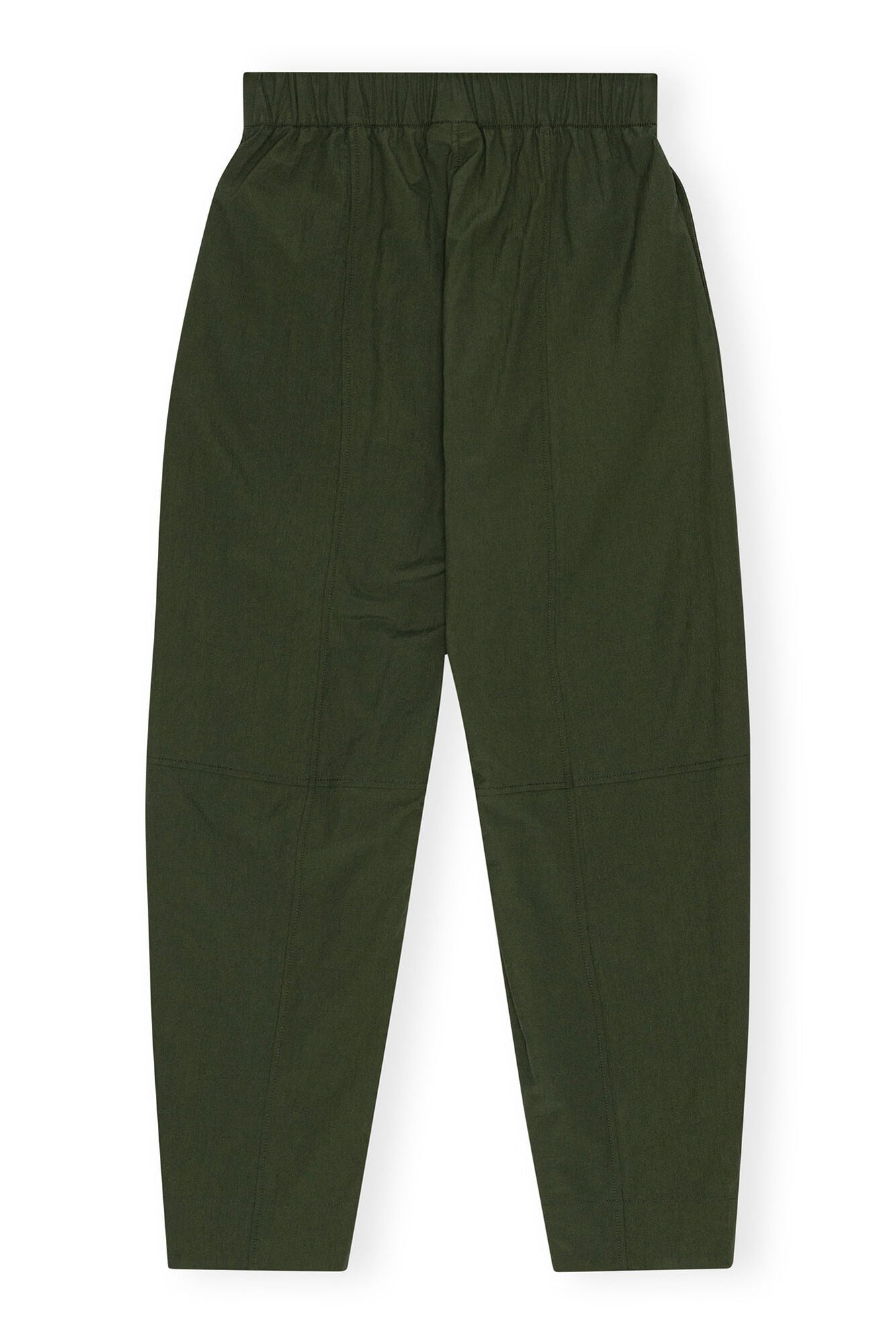 Ganni modern high-waisted trousers green cotton crepe curved-leg | Pipe and Row