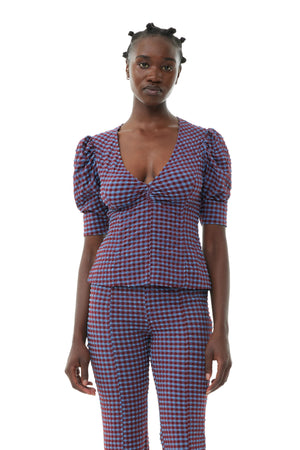 Ganni Checkered Seersucker V-neck Blouse puff sleeves checkered print | Pipe and row