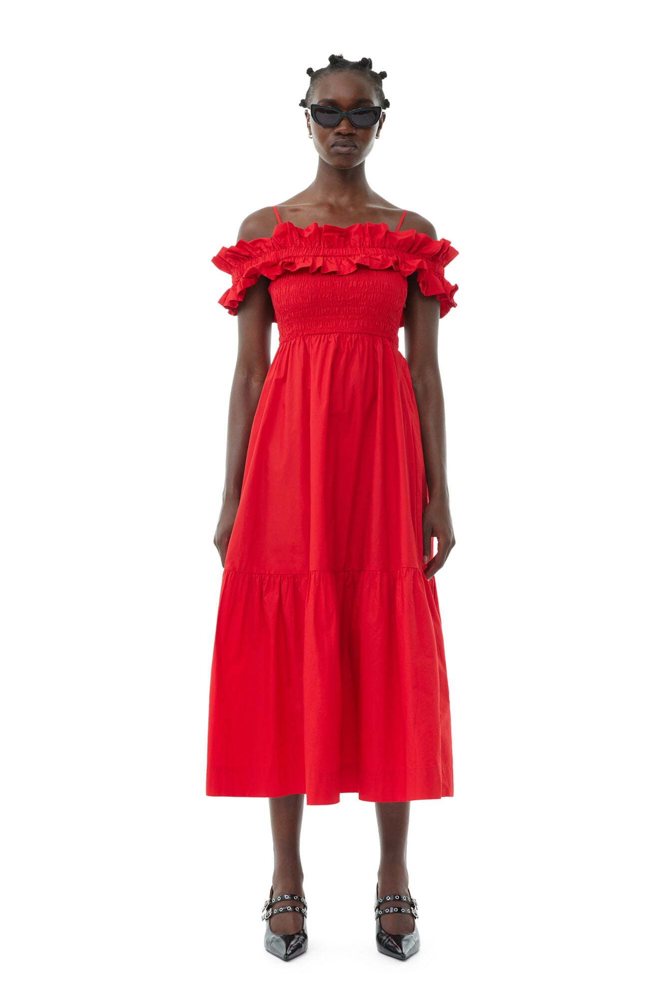 Ganni long racing red cotton poplin smock maxi dress | Pipe and Row Seattle
