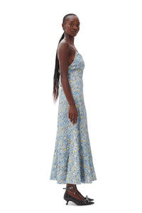 Ganni crinkled satin open back long slip dress dusty blue floral print | pipe and row