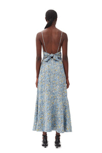 Ganni crinkled satin open back long slip dress dusty blue floral print | pipe and row