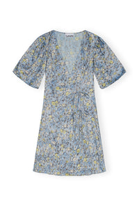 Ganni Blue Floral Printed Crinkled Satin Mini Wrap Dress | Pipe and Row