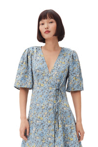 Ganni Blue Floral Printed Crinkled Satin Mini Wrap Dress | Pipe and Row