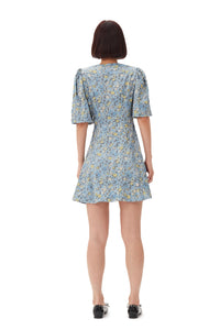 Ganni Blue Floral Printed Crinkled Satin Mini Wrap Dress | Pipe and Row