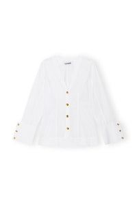 Ganni white cotton poplin v-neck button up shirt gold buttons | Pipe and Row