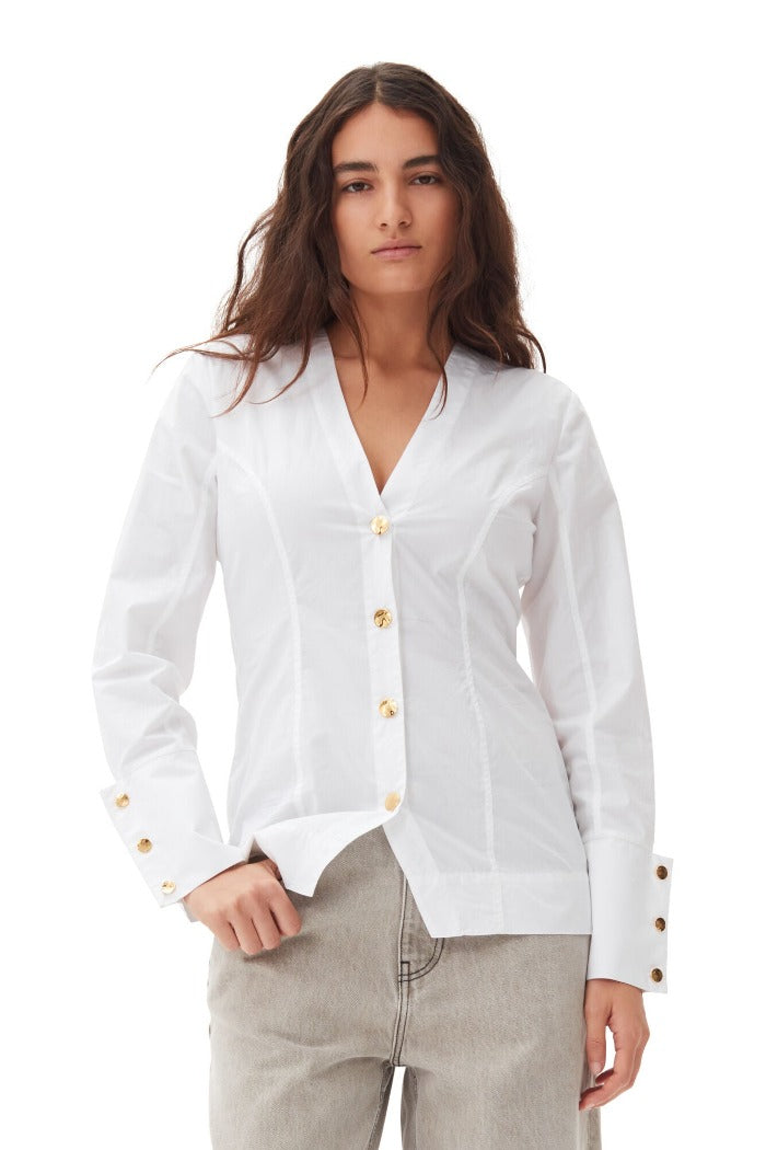 Ganni white cotton poplin v-neck button up shirt gold buttons | Pipe and Row