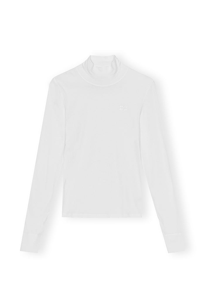 Ganni soft cotton fitted rib long sleeve t-shirt bright white PIPE AND ROW