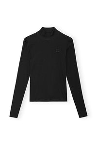 Ganni soft cotton fitted rib long sleeve t-shirt black embroidered logo | PIPE AND ROW