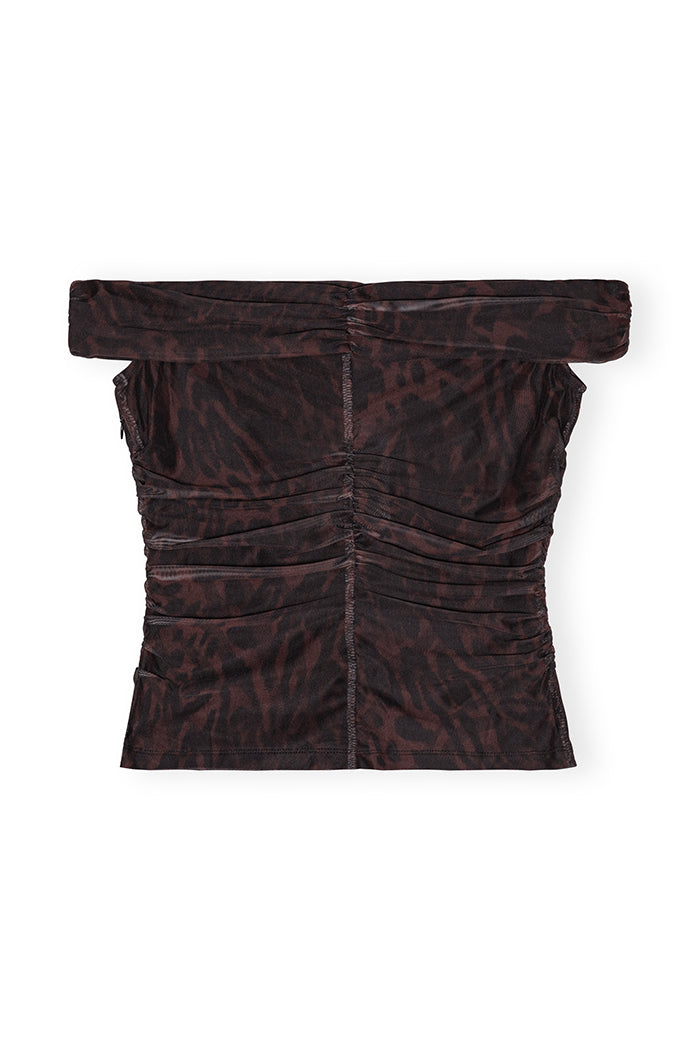 Ganni printed mesh off shoulder ruched top subtle tortoise bitter chocolate print. T3976 PIPE AND ROW