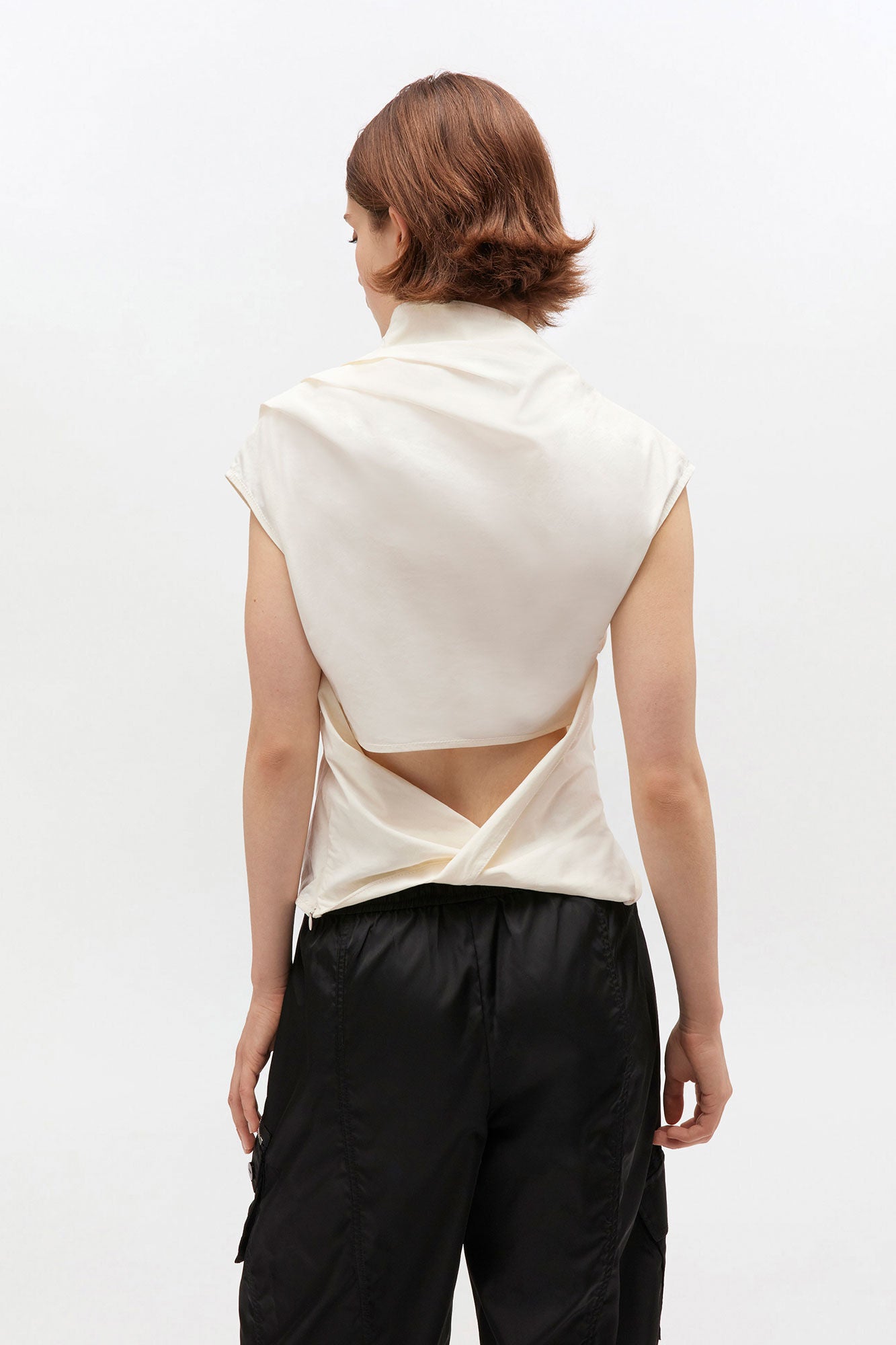 Ganni asymmetrical stretch cotton ruched sleeveless top egret | Pipe and Row