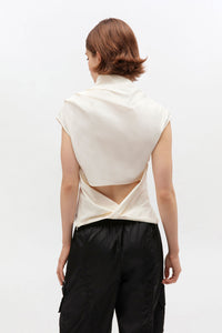 Ganni asymmetrical stretch cotton ruched sleeveless top egret | Pipe and Row