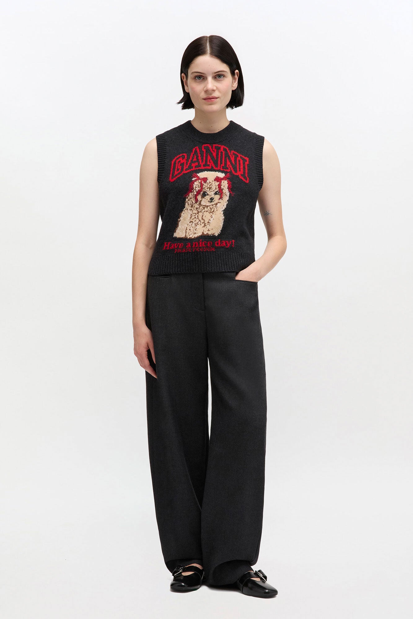 Ganni graphic wool vest cute doggy bow graphic A1070044 PIPE AND ROW Seattle