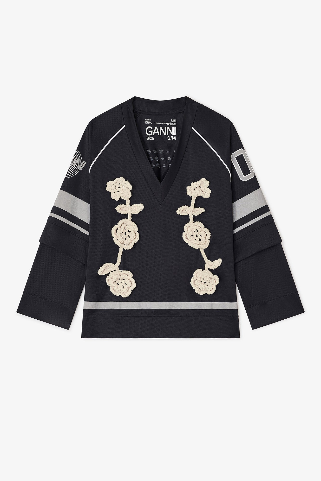 Ganni black v-neck long sleeve jersey crochet flower | Pipe and Row